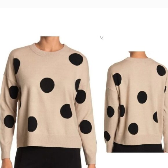 T Tahari Long Sleeve Crewneck Pullover Khaki Black Polka Dot Sweater Size XL - Picture 5 of 8
